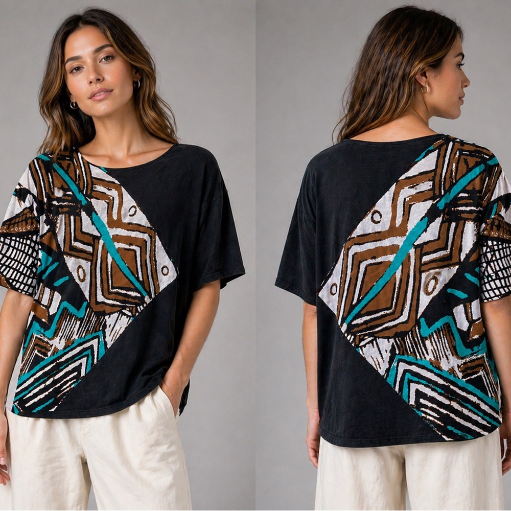 Lafayette 148 Top Womens Large Black Abstract Panel Tee Modern Art Minimal